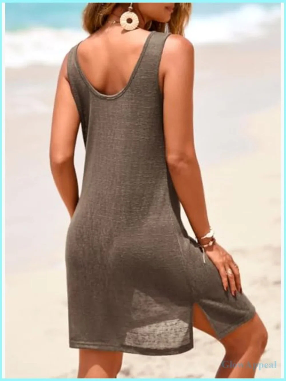 Scoop Neck Sleeveless Sheer Beach Coverup Dress Side Slit Vacation